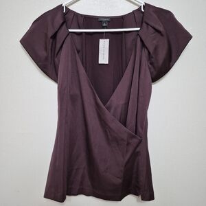 NWT Ann Taylor Women's Wine Burgundy Satin V-Neck Wrap Short Sleeve Blouse